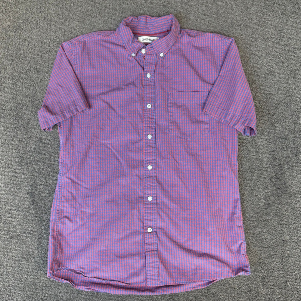 Goodthreads Mens Medium Blue Red Gingham‎ Short Sleeve Button Down Shirt Cotton